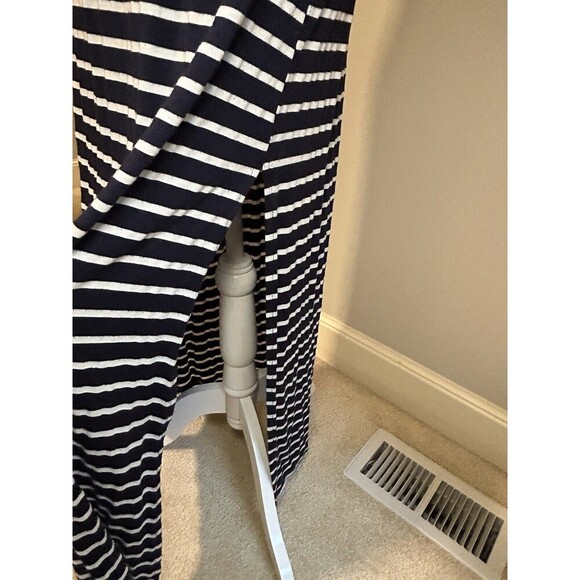 GREEN ENVELOPE Navy Blue White Striped Short Sleeve Cinched Waist Maxi Dress Med - Picture 6 of 9